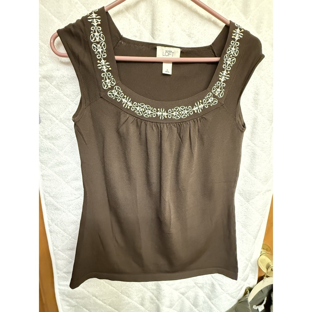 Ann Taylor Loft dark brown rayon-nylon top w/embroidery accent S